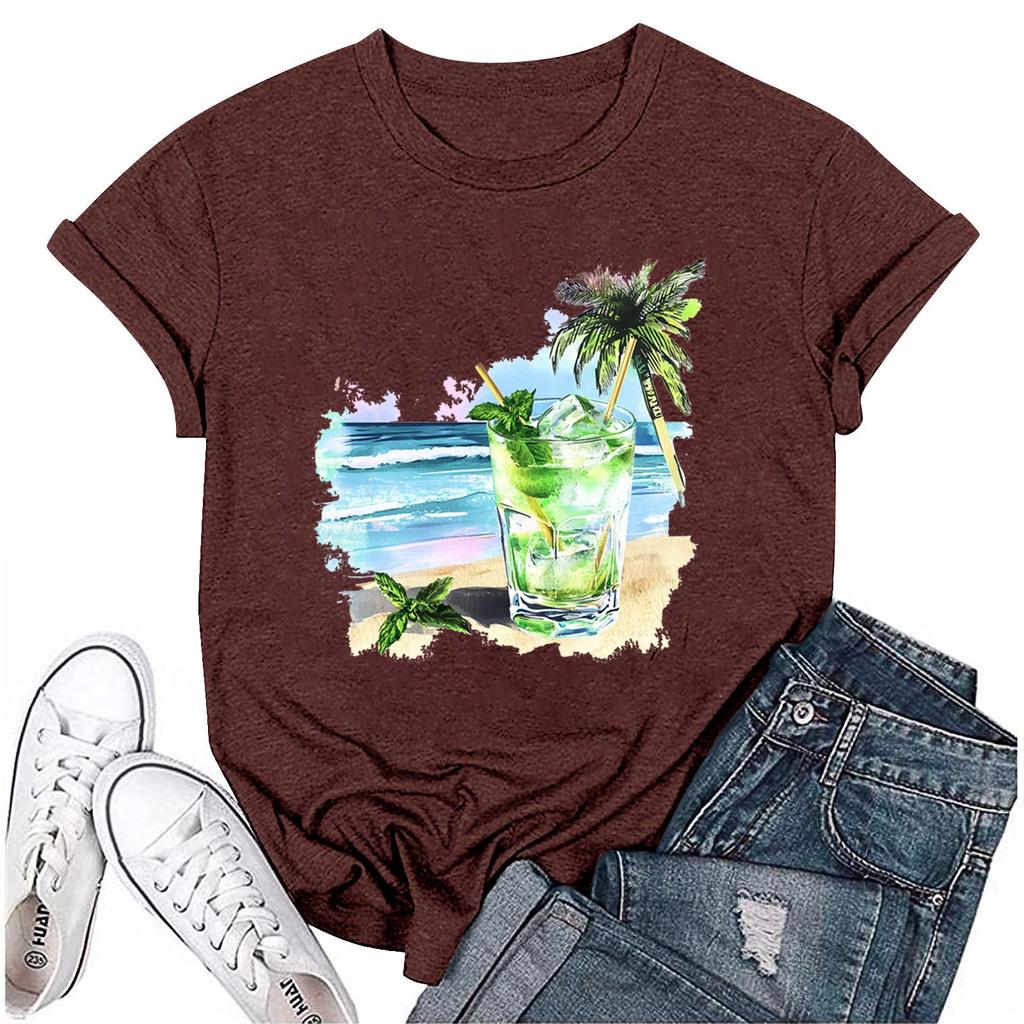 Women Fashion Printed Round Neck Short Sleeve T-Shirt Pullover Top