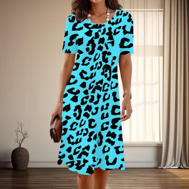 Graceful Leopard Print Casual Dress Women Summer Spring Short Sleeve O Neck Fashion