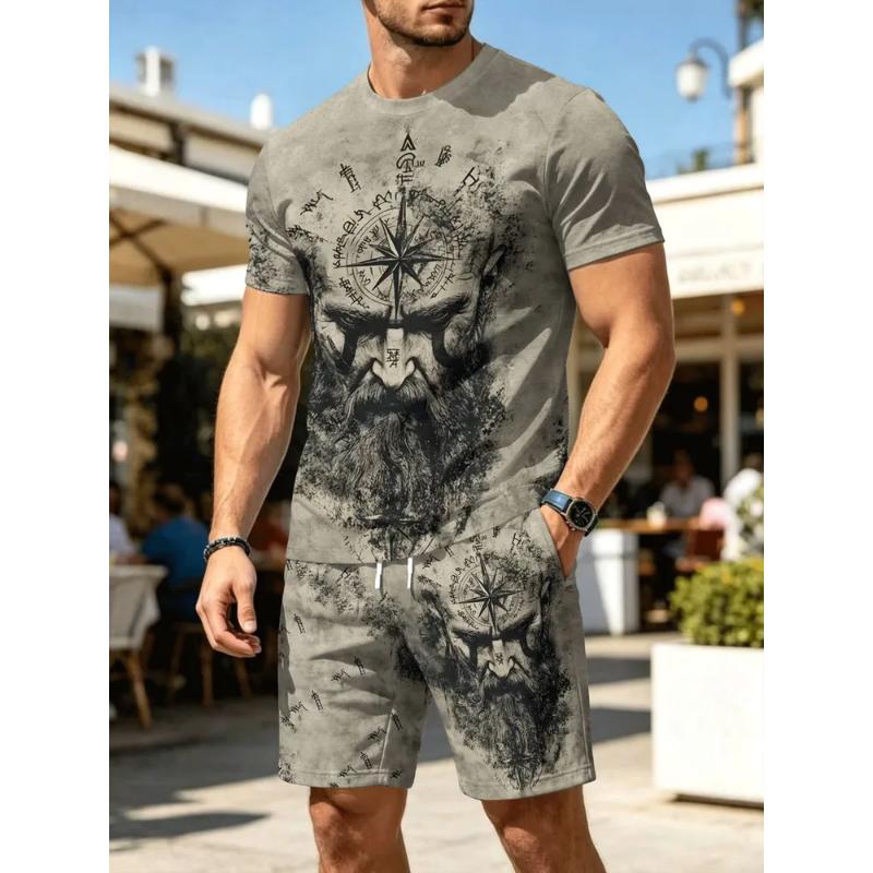 Fashion men's casual suit 3D casual color printing summer T-shirt shorts simple