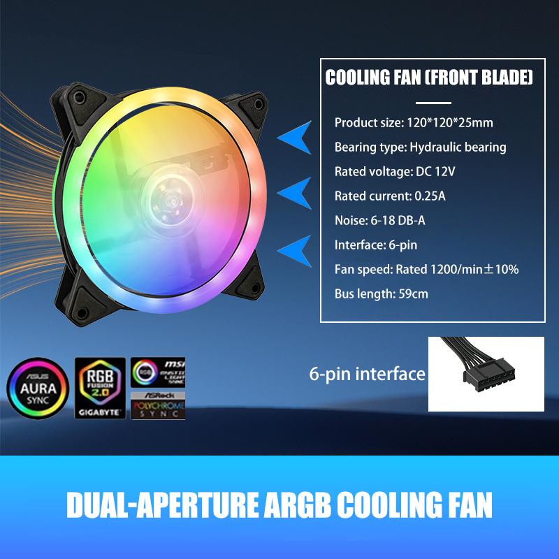 RGB Цветной Вентилятор для Корпуса Компьютера Радиатор Светодиодный Двойное Отверстие Автоматическая Смена Цвета 12см Настольный Корпус Бесшумный Радиатор RGB&black