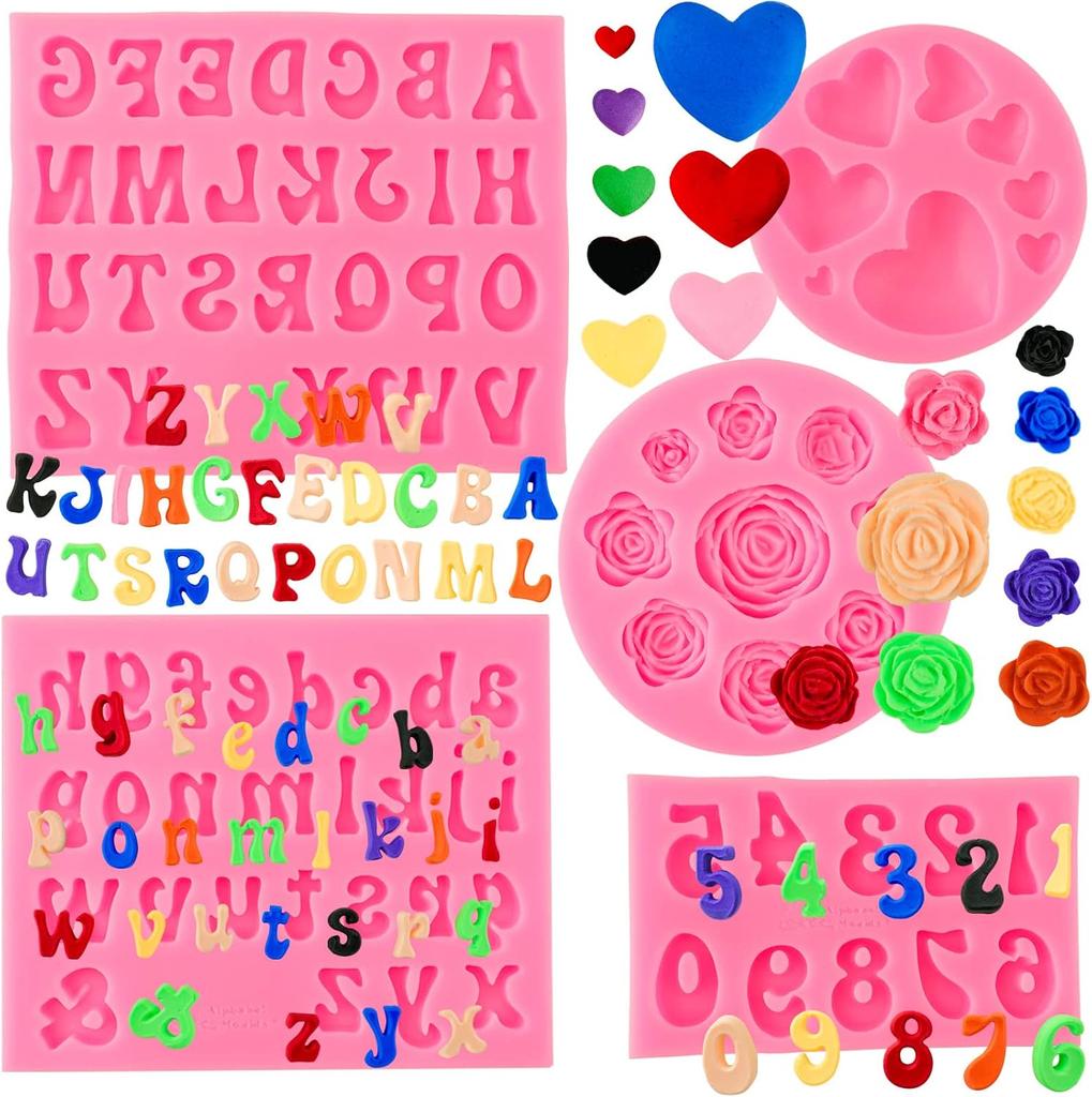 5-Piece Silicone Letter Number Mold Set, Heart Flower Chocolate Candy Clay Mold for Fudge Cake Decor