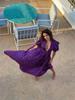 Summer Purple Printed Deep V-neck Women Dress Pleated Puff Sleeve A-line Party Evening Lady Robe