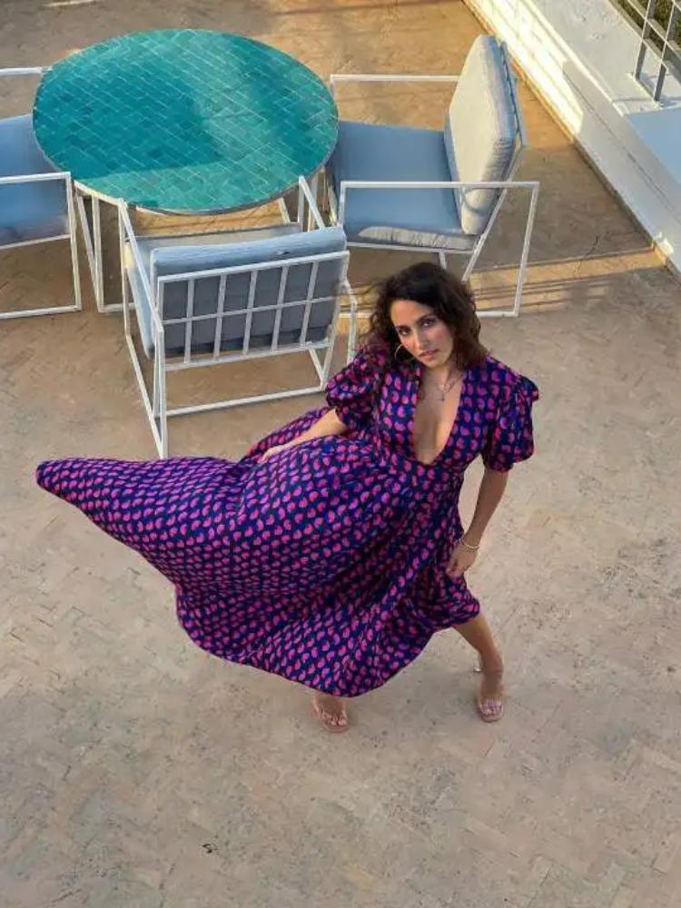 Summer Purple Printed Deep V-neck Women Dress Pleated Puff Sleeve A-line Party Evening Lady Robe