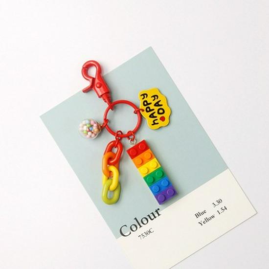 Adorable Rainbow Building Blocks Bell Keychain - Pink Cartoon Gift Decoration