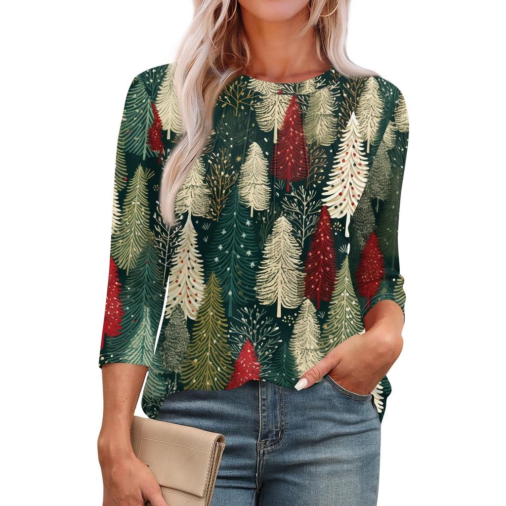 Women's Fashionable Round Neck 3/4 Sleeve Printed Casual Basic Pleated Pullover T-shirt Top