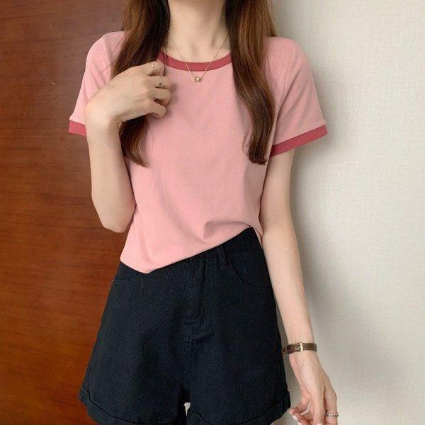 

Весенне-летняя футболка контрастного цвета с круглым вырезом и короткими рукавами, нижняя рубашка, тонкий короткий студенческий топ M