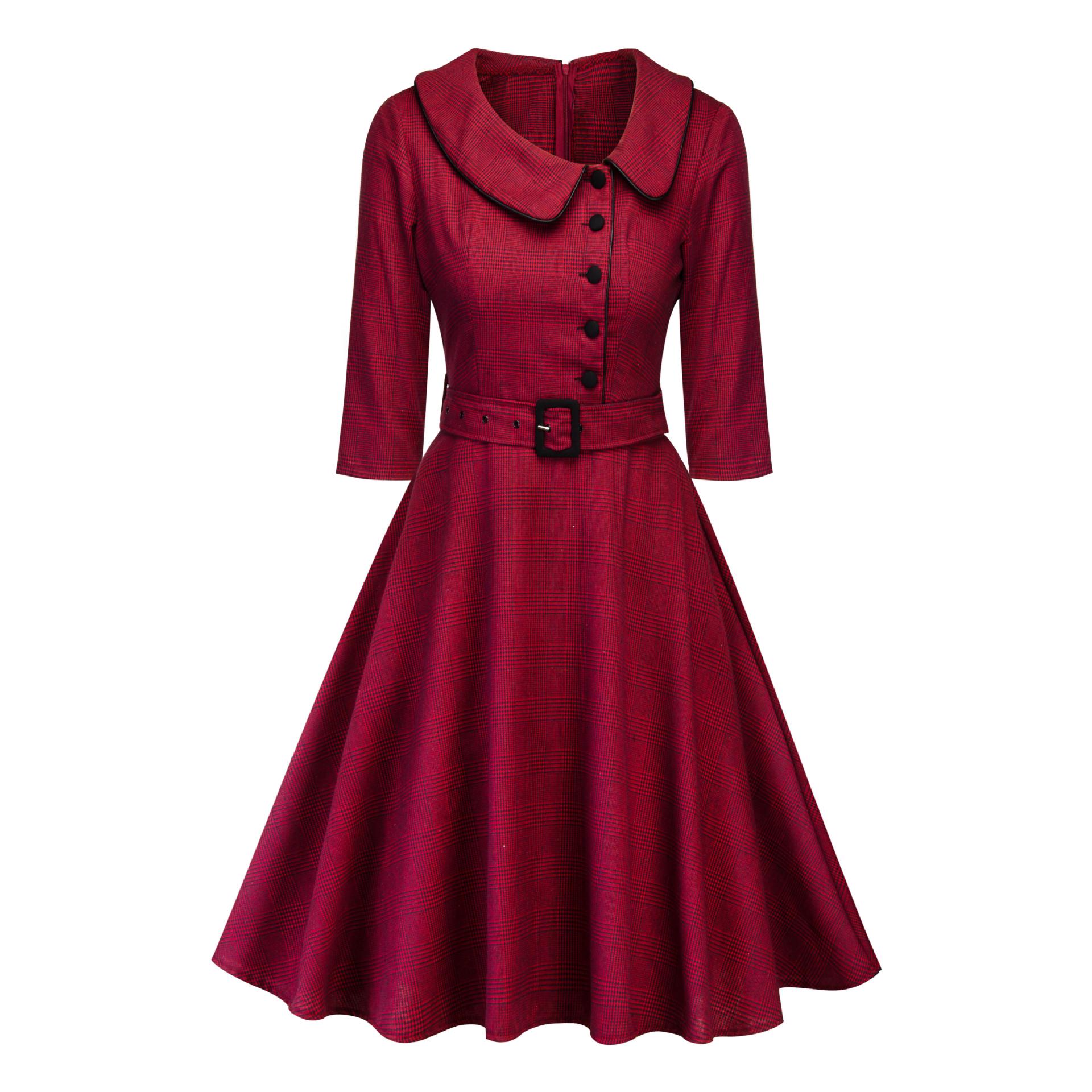 Cross-border Amazon medium and long dress new classic plaid retro style A-shaped skirt doll collar autumn and winter dress M красный
