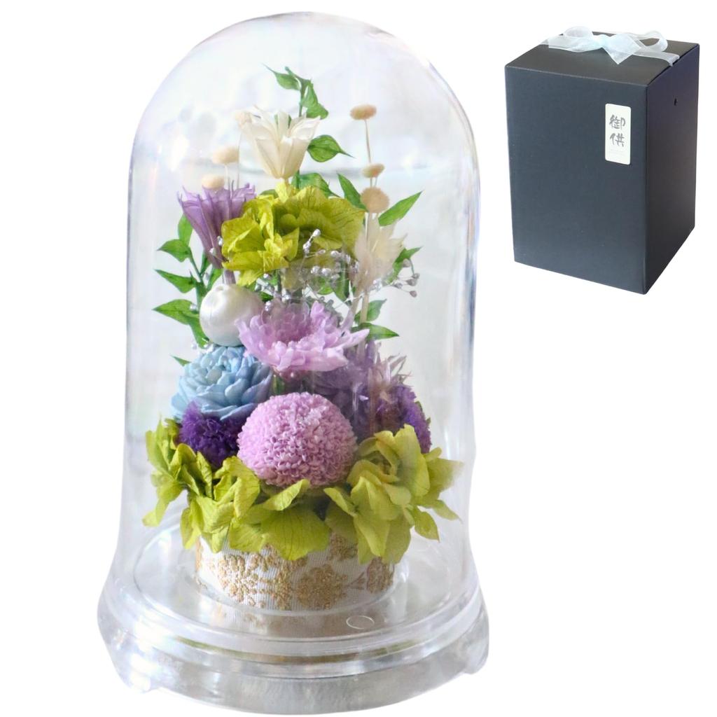 Lira Preserved Flowers, Offering, Buddhist Flowers, Sympathy, Made in Japan, Never-Withering Dome Arrangement (Purple)
