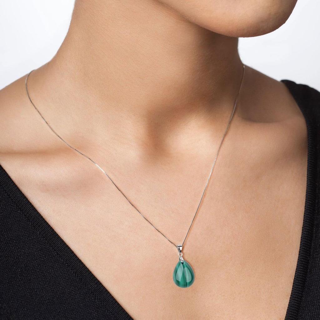 [KOAI] Malachite Teardrop Pendant, Purification and Good Fortune Amulet Power Stone Pendant, 925 Silver Chain, Women's