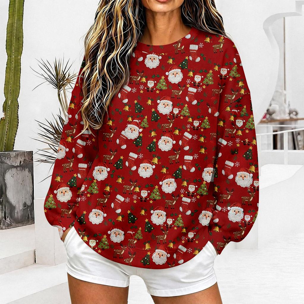 Women's Christmas Print Sweatshirt Trendy Casual Long Sleeve Neck Pullover Top for Holiday