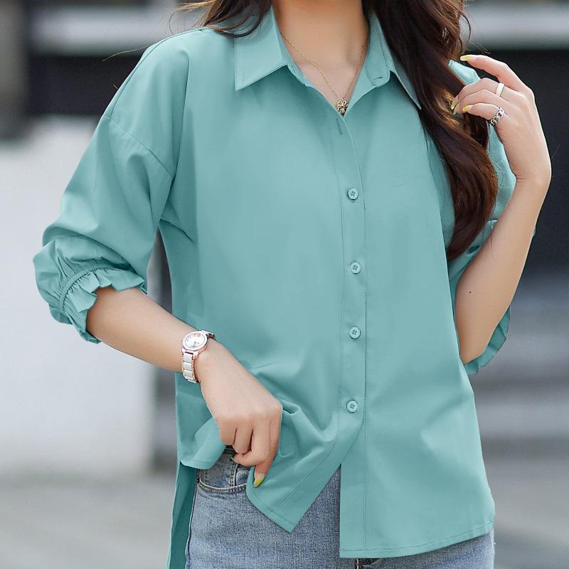 ZANZEA Women Casual Turn Down Collar Loose 3/4 Sleeve Hight Low Blouse