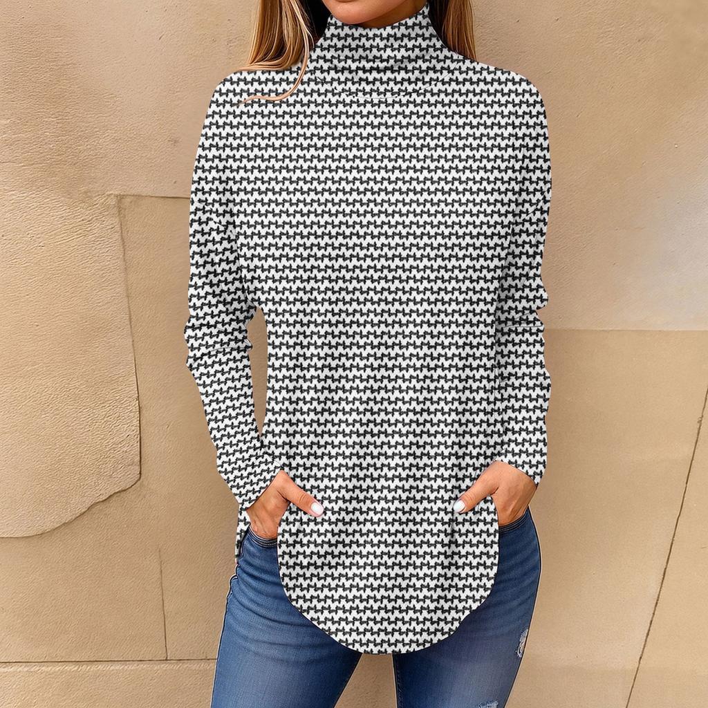 Kadınlar İçin Tişörtler Sonbahar Rahat Uzun Kollu Gömlekler Sweatshirt Vintage Baskılı Yüksek Yaka Üst Kazak