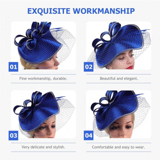 Women’s Fascinator Tea Party Hat Blue Sinamay Headband Cocktail Wedding Veil Elegant Special Occasion Accessory