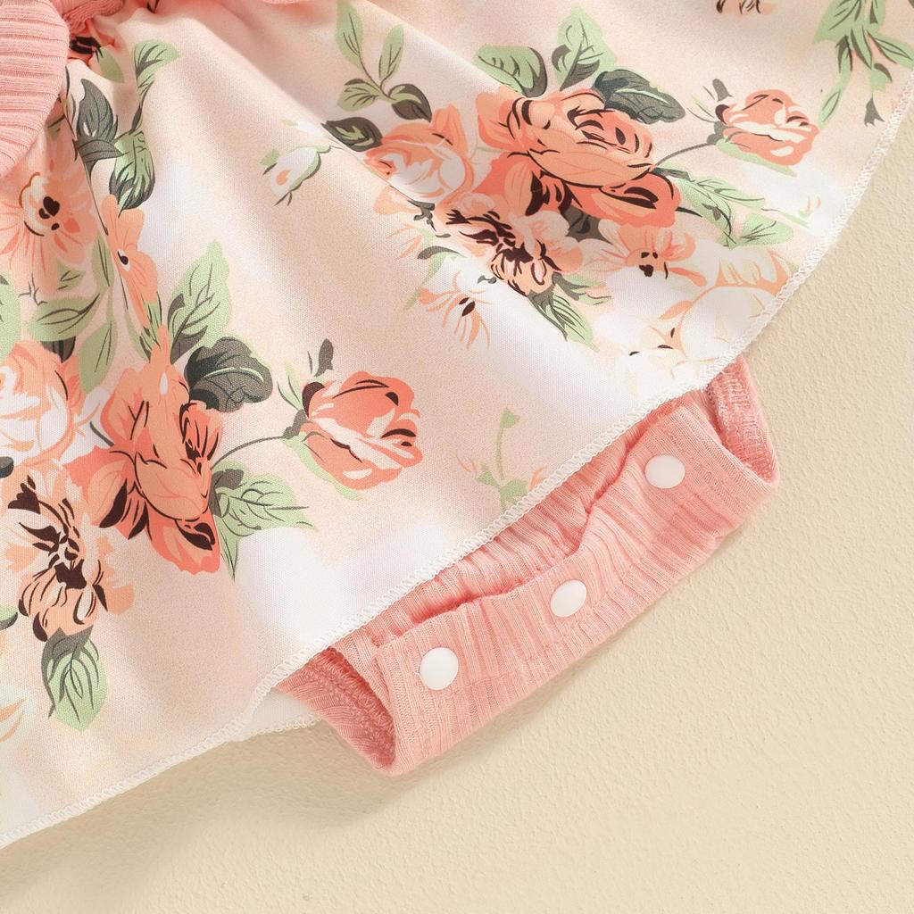 Baby Girl Summer Jumpsuit 3 6 12 18 Months Floral Print Lace Patchwork Romper Dress and Headband Set Cute Fashion Clothes Outfits