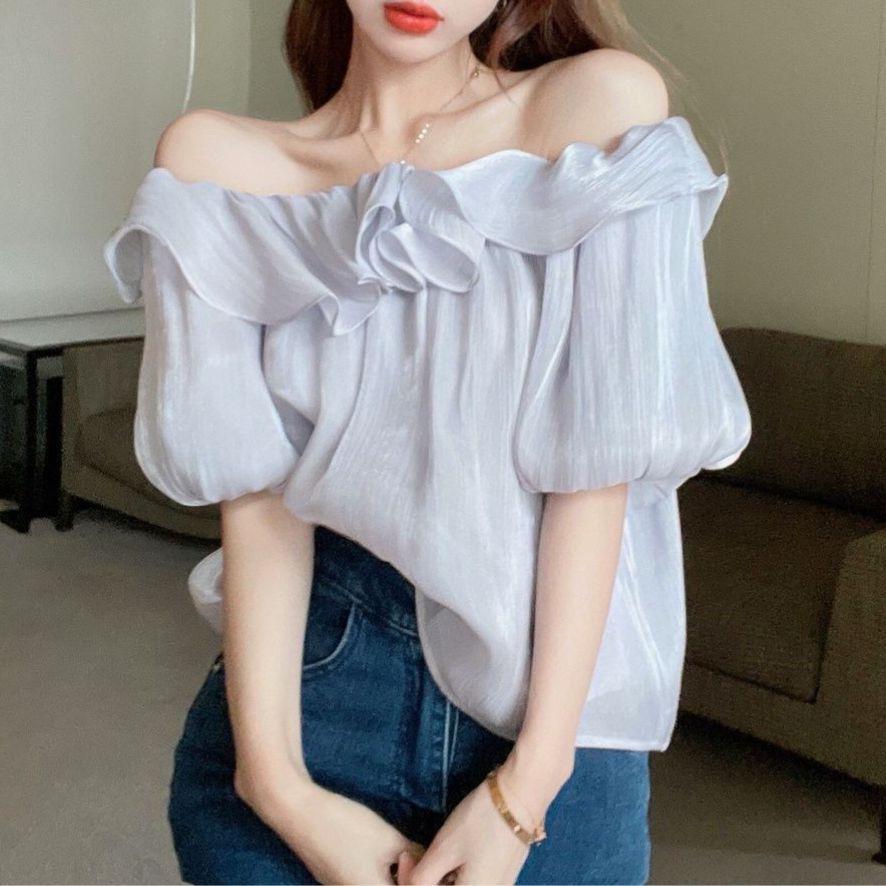 One Shoulder Shirt with A Female Design Sense Niche Top with Ruffled Edges Off Shoulder Chiffon Shirt for Summer