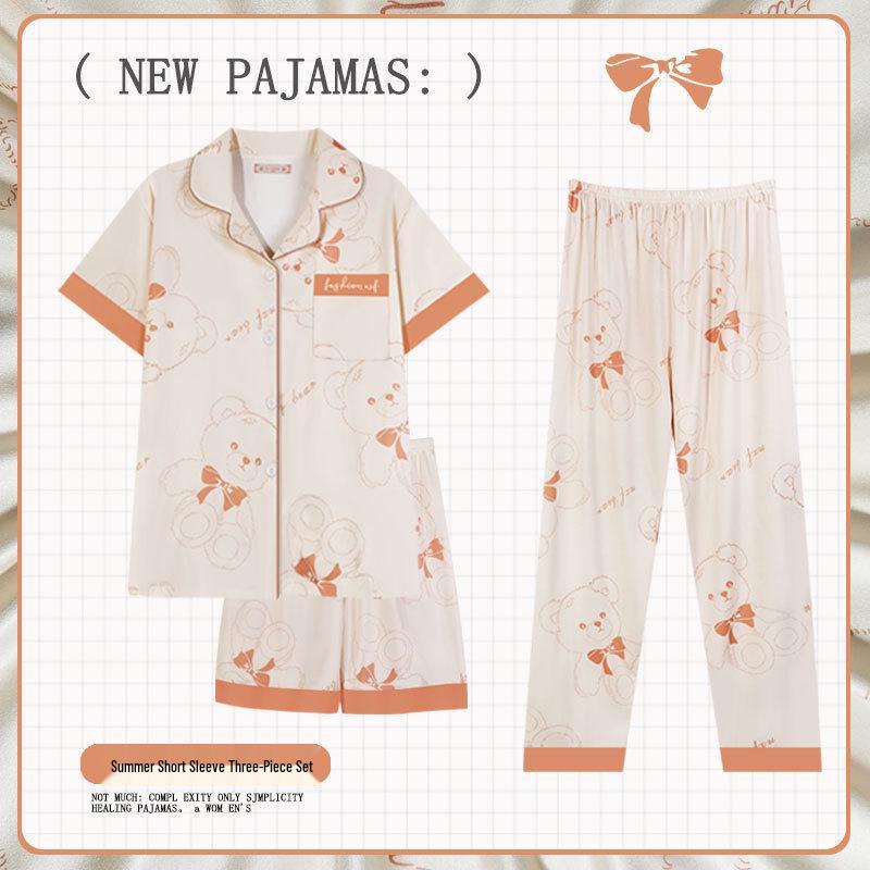 Pastoral Women's Pajama Set: Soft, Cute Rabbit Design, Short-Sleeve, Casual Three-Piece Loungewear.