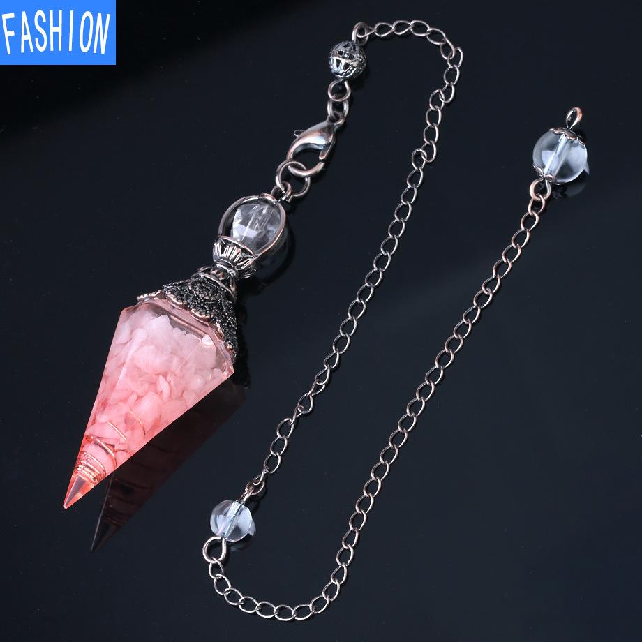 Colorful Crystal Pendulum Bronze Fashion Natural Gravel Resin Spring Hexagonal Cone Pendant