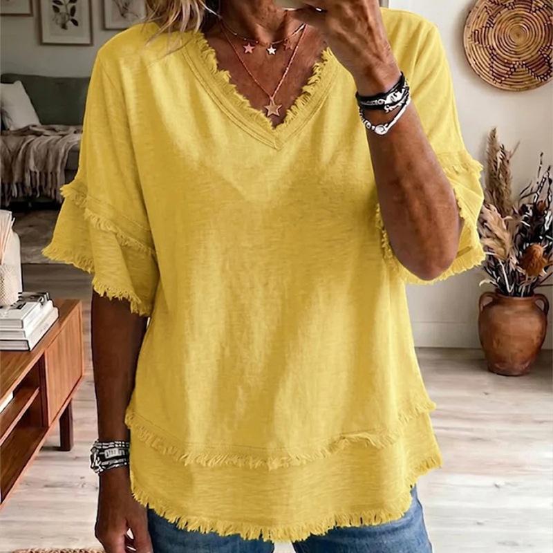 Women's V Neck Fringe Top Layered Ruffle Half Sleeve Loose Casual Summer Blouses