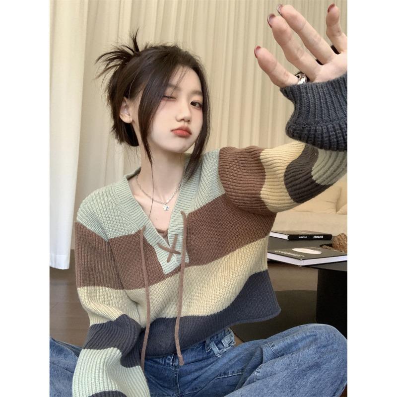 Loose Fit Short Knit Sweater Women V Neck Color Block Tie Detail Lazy Style Autumn Winter Casual Top