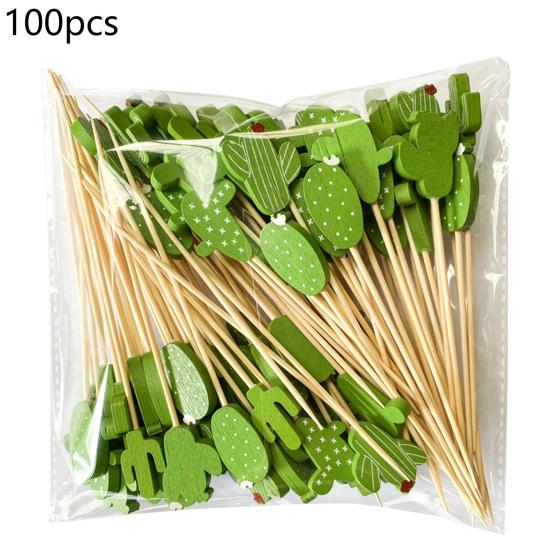 100Pcs Fruit Forks Food Grade Anti-slip Wood Long Handle Cactus Shape Buffet Picks Party Supplies