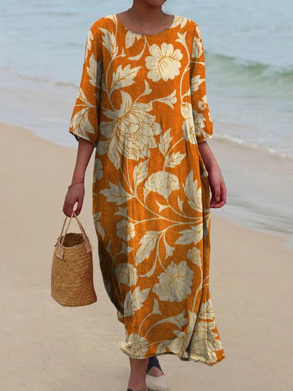 Dámské retro květinové midi šaty s dlouhým rukávem - Evropský a americký vintage styl