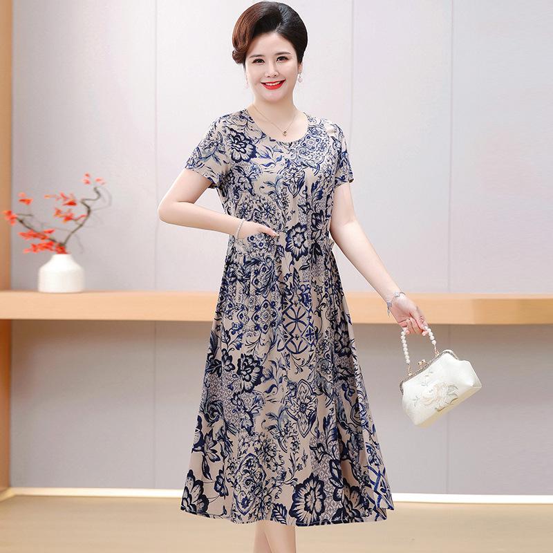 Women's Floral Cotton & Rayon Summer Dress - Plus Size, Belly-Covering, Loose Fit for Middle-Aged & Elderly