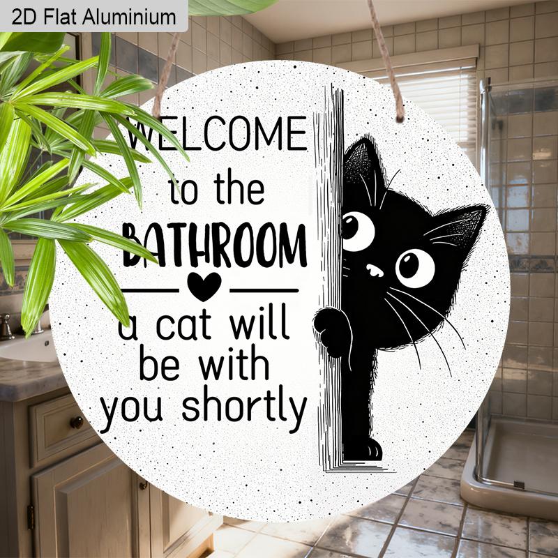 2D Flat Aluminium Bathroom Sign with Black Cat Pattern - Funny Decorative Sign & Plaque - Ideal for Bathroom Wall Decoration - Home Hanging Decor for