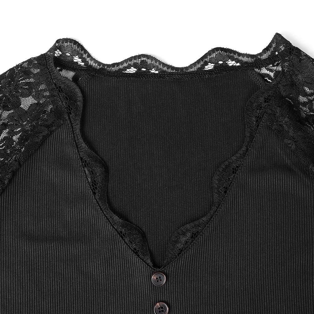 Dámské sexy tričko s hlubokým V-krajkovým límcem a krajkovým krátkým rukávem, slim fit top