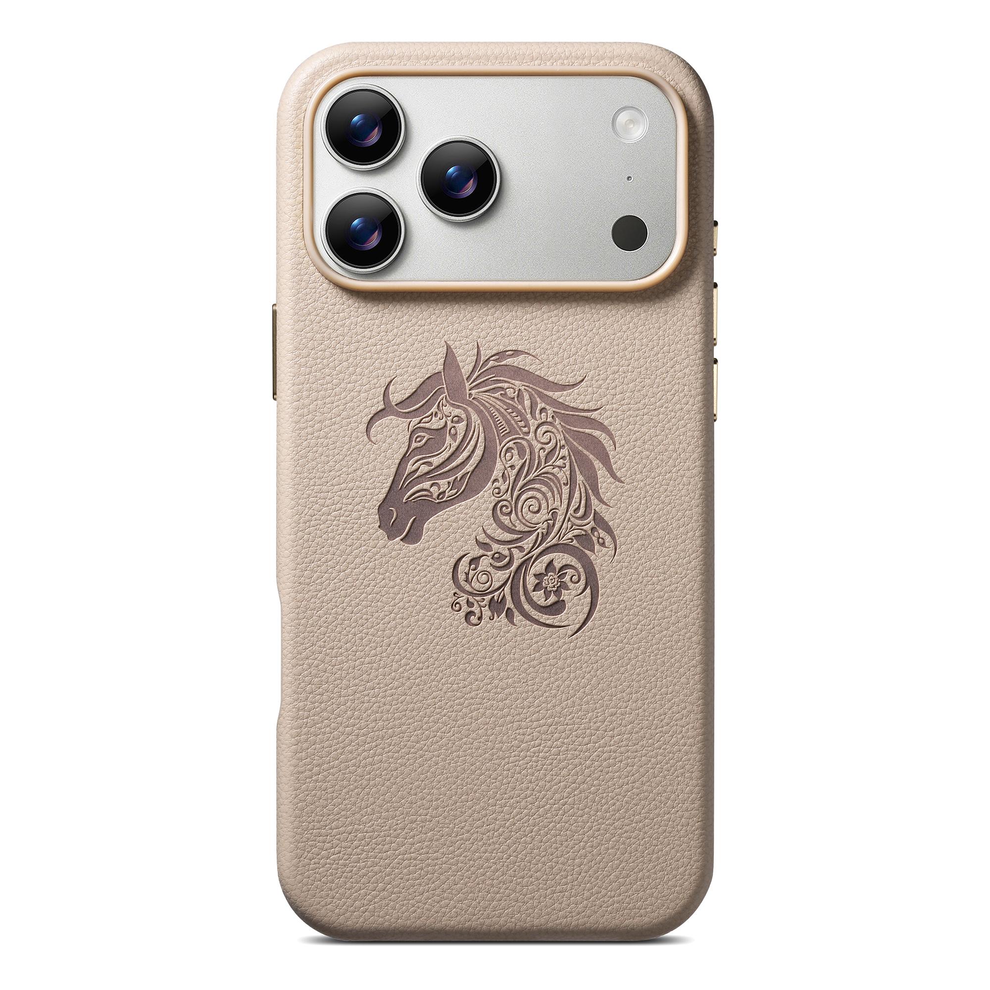 

2026 Horse Pattern Leather Case for iPhone 17 Pro Max 16 15 Pro Phone Shell with Aluminum Lens+Individual Buttons Back Cover iPhone 16 Pro Max хаки