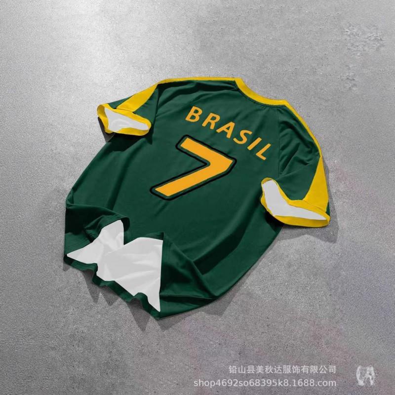 Mens Retro Brazil National Team Soccer Jersey T-Shirt Short Sleeve Loose Fit Sportswear