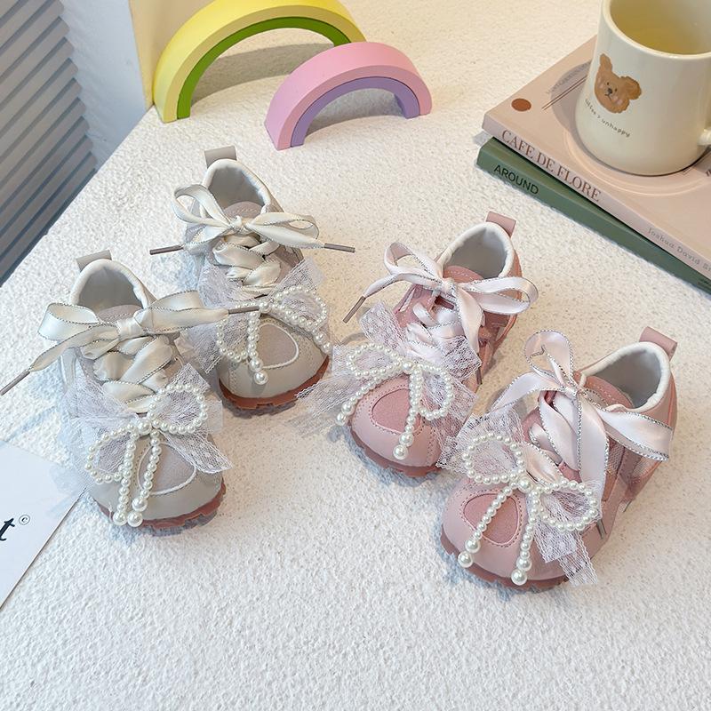 Girls casual fashion pearl bow sneakers 2025 spring and summer new puff shoes breathable lightweight board shoes tide