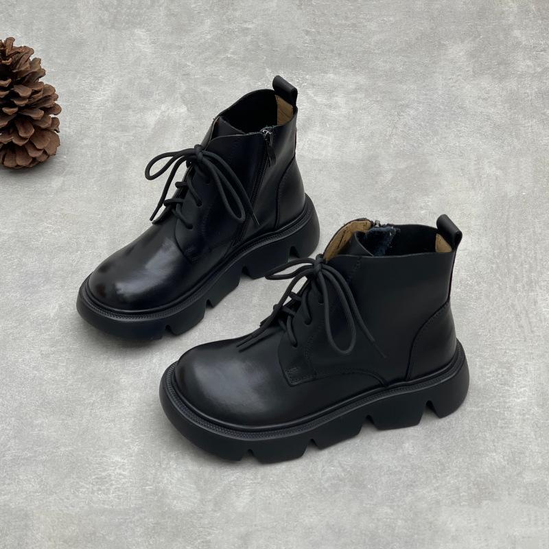 Johnature Botines Retro de Suela Gruesa Punta Redonda Versátiles Cuero Genuino Zapatos de Mujer