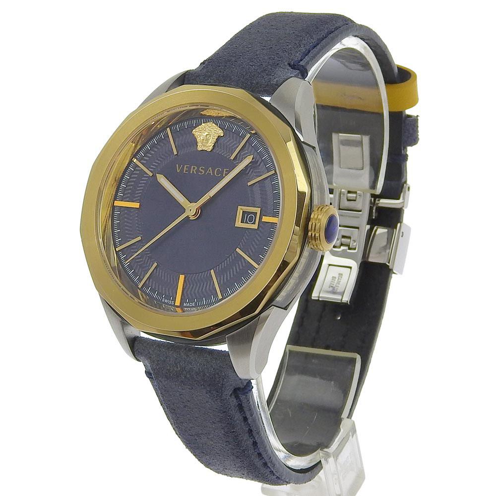 Versace VERA Watches WR5 gold/Navy Blue NavyDial Stainless Steel/leather Quartz Analog Display Mens Used