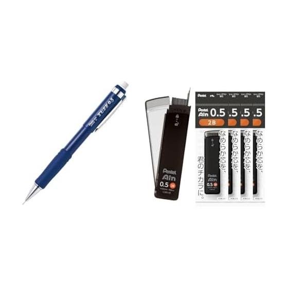 Pentel Tough Mechanical Pencil, XQE5-C, Dark Blue Barrel, 0.5mm Lead, 5 Pencils, Pentel Ain 0.5mm B Lead Refills, 5 Packs XC285-B