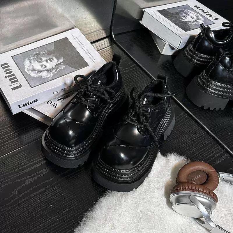 European big head platform small leather shoes women's muffin shoes British commuter lace-up 2025 small man height increase JK loafers