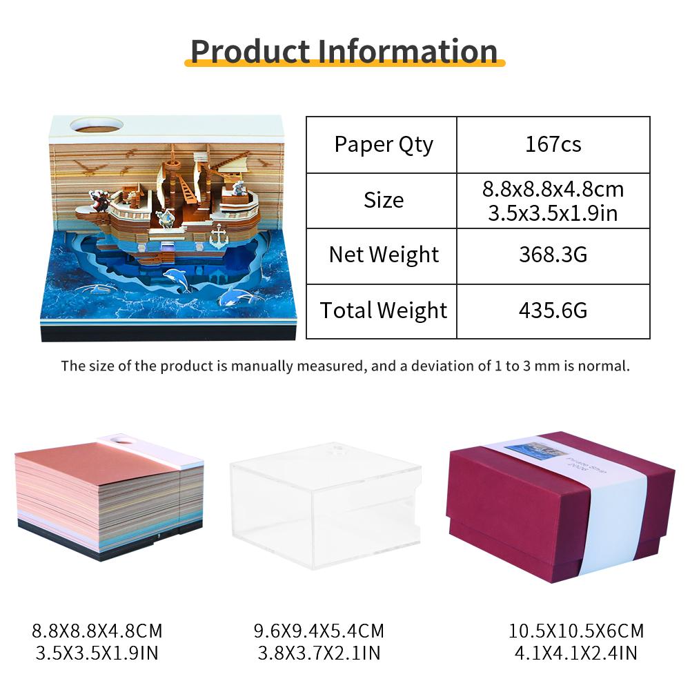 Bloc-notes 3D Bateau Pirate Artisanat Papier Créatif Feuilles Calendrier Pré-découpées Bloc-notes Adhésif à Déchirer pour Papeterie Nautique Cadeau
