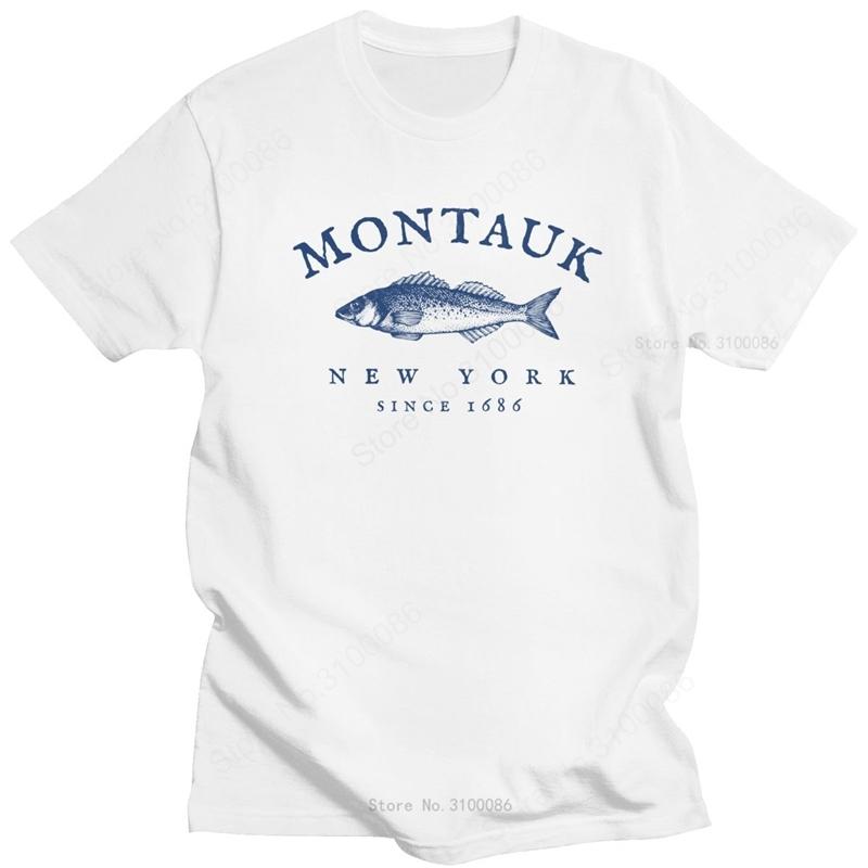 Montauk Nowy Jork Wędkarstwo 1686 Koszulka Męska Bawełniana Koszulka z Rybą Prezent dla Wędkarza na Emeryturze T-shirt z Krótkim Rękawem Drukowany Top Prezent