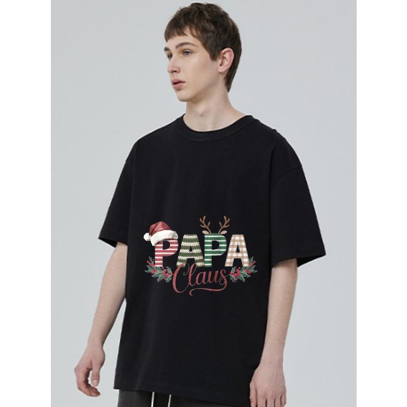 Christmas T Shirt Black Papa Claus with Santa Hat and Reindeer Antlers Print for Holiday Season