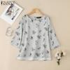 ZANZEA Women Casual Round Neck Loose 3/4 Sleeve Print Blouse