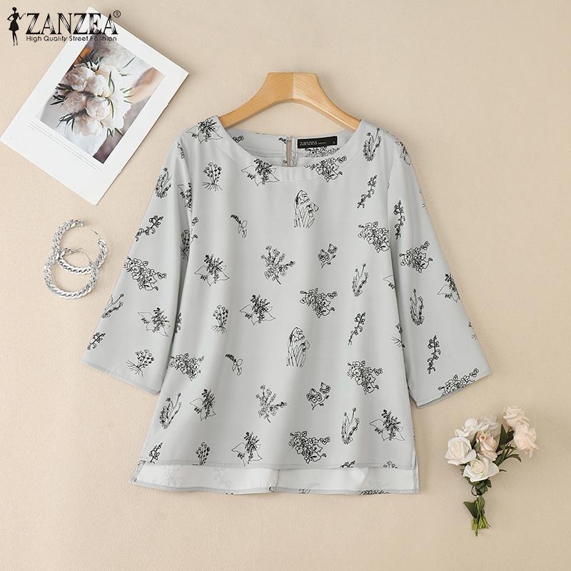 ZANZEA Women Casual Round Neck Loose 3/4 Sleeve Print Blouse