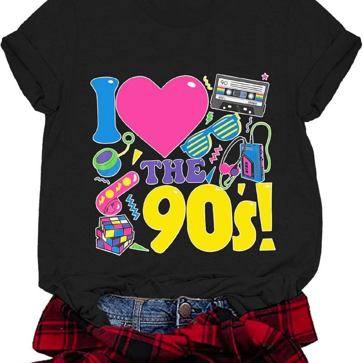 Наряды 90-х для женщин Я люблю 90-е футболки с коротким рукавом футболка для тематической вечеринки 90-х повседневные ретро топы 90-х XXXXXL разноцветный