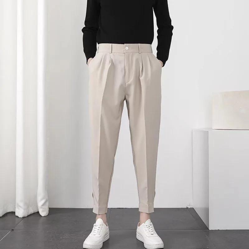 Men's Summer Cuffed Cropped Casual Pants with Drape Fit, Velcro Waistband, and Suit-Style Design