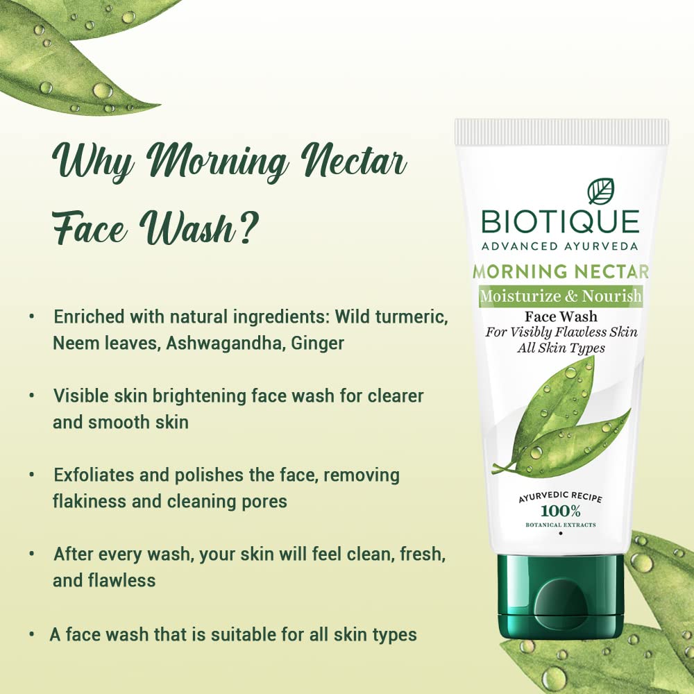 Biotique Morning Nectar Face Wash 150ml – Wild Turmeric & Neem for Flawless Skin – Hydrating & Brightening for All Skin Types