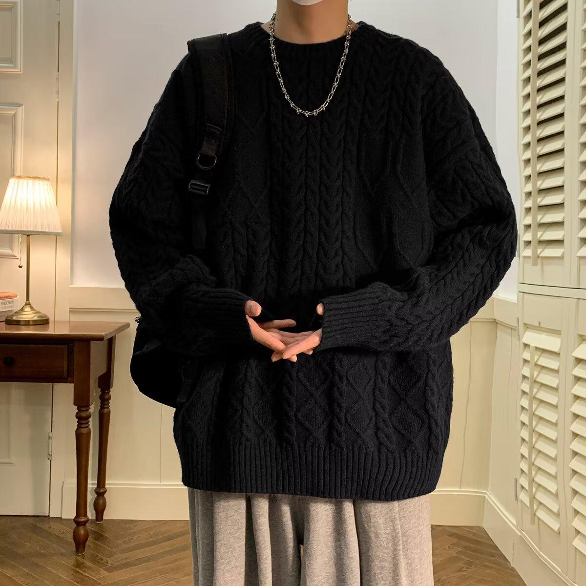 

Men s Japanese Style Thick Knit Sweater - Trendy Loose Round Neck Jacket for Autumn and Winter. 3XL чорний