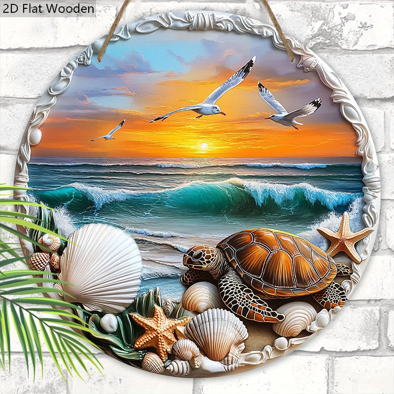 Wooden Sign with Sunshine Beach Turtle Pattern - Unique Seaside Scenery Round Sign for Front Door, Wall Decor - Ideal Home Hanging Ornament
