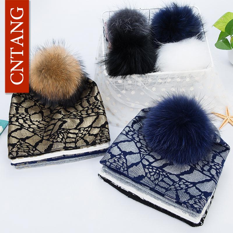 Cntang Knitted Warm Double Layer Silver Print Wool Hats Women Autumn Winter Caps With Natural Fur Pompoms Beanies Fashion Hat