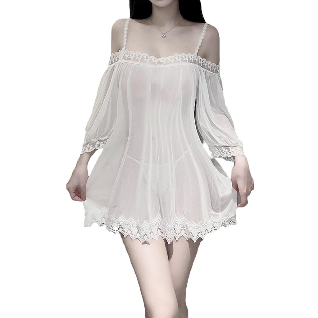 on the Sexy Pajamas Lingerie Babydoll Cosplay Mini Skirt Loungewear Camisole Dress Gown Bra Set for Women [Thoughts Wind] T-back (White)