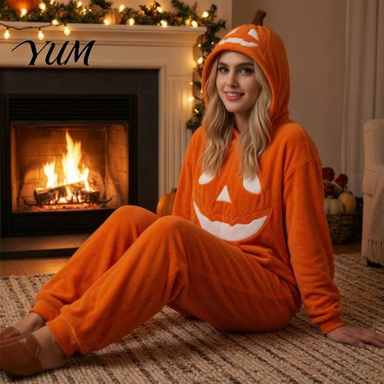 Funny Cosplay Romper Halloween Pumpkin Onesie Pajamas, Adult Jumpsuit with Happy Plush Fleece Homewear Face, Soft Hooded Costume for Party Night,