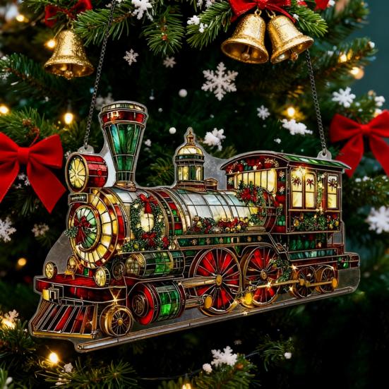 Yousheng Acrylic Suncatcher Christmas Ornaments Stained Glass Effect 2D Flat Train/Christmas Tree/Santa Claus Window Hanging Decoration for Holiday