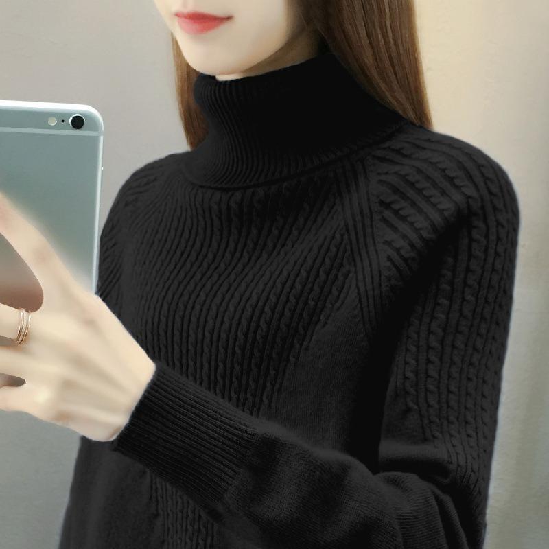 Women's  Knitted Loose Pullover Sweater Thickened Sweater High Collar Shirt Solid Color Autumn/Winter